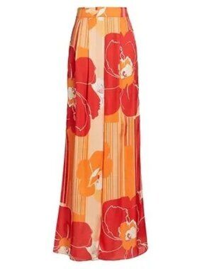 NWT Ramy Brook Claudia Sz 2 Floral Satin Wide-leg Pants Coral Tropical Resort